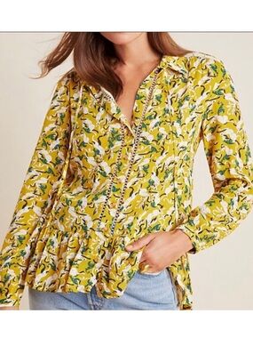 Maeve by Anthropologie Janie Flounced Button Front Peasant Shirt Hare Print 4